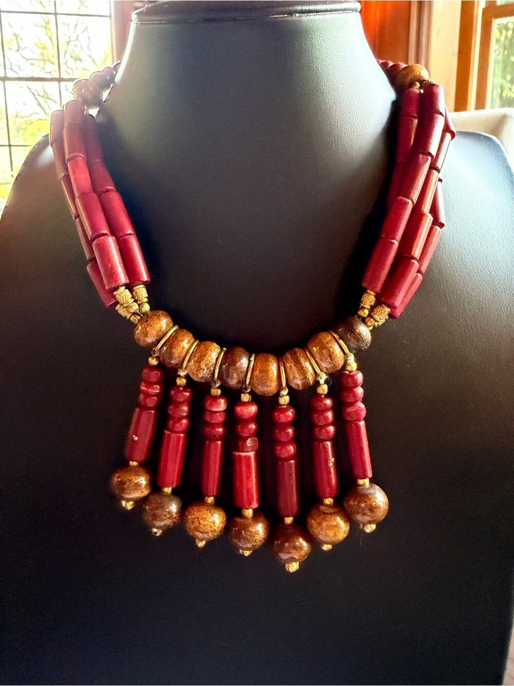 African style statement necklace #N21 beaded red wood